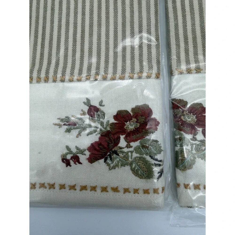 Pottery barn stripe embroidered floral kitchen towel Cotton Beige Flowers Set 2